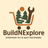 Logo for BuildNExplore with a shopping cart, trees, and a wrench on a beige background.